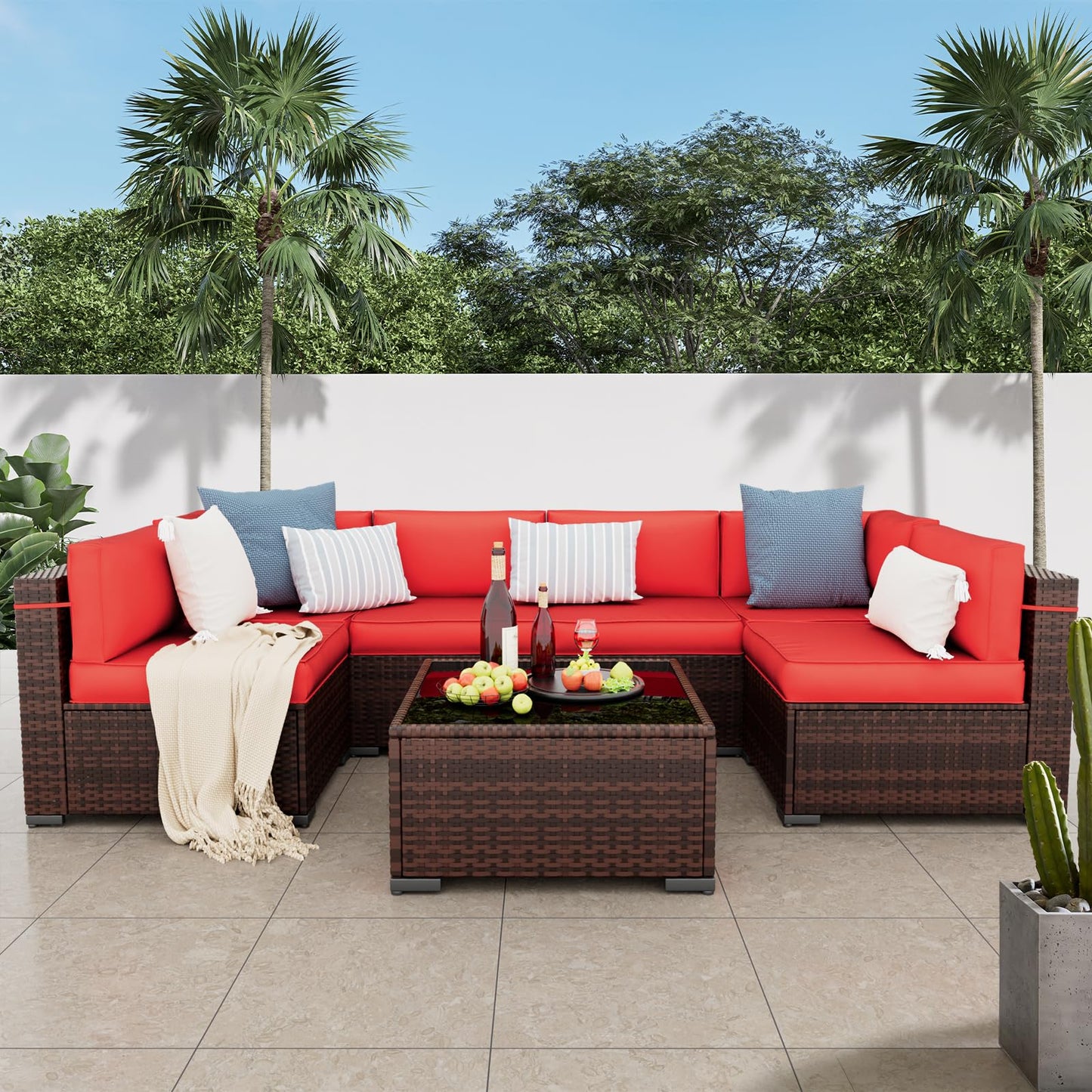Amopatio Patio Furniture Set 7 Pieces Patio Conversation Set Outdoor Sectional Wicker Rattan Sofa with All-Weather Cover, Patio Furniture with Pillows Fits Porch Garden Backyard Balcony(Red)