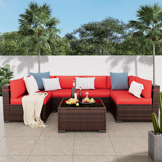 Amopatio Patio Furniture Set 7 Pieces Patio Conversation Set Outdoor Sectional Wicker Rattan Sofa with All-Weather Cover, Patio Furniture with Pillows Fits Porch Garden Backyard Balcony(Red)