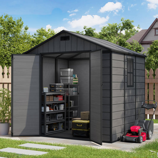 Amopatio 8x6 FT Resin Shed, Outdoor Storage Shed with Floor Included, Plastic Sheds Outdoor Storage for Garden Tools, Bike, Sheds & Outdoor Storage with Lockable Door, Window & Vents, Dark Grey