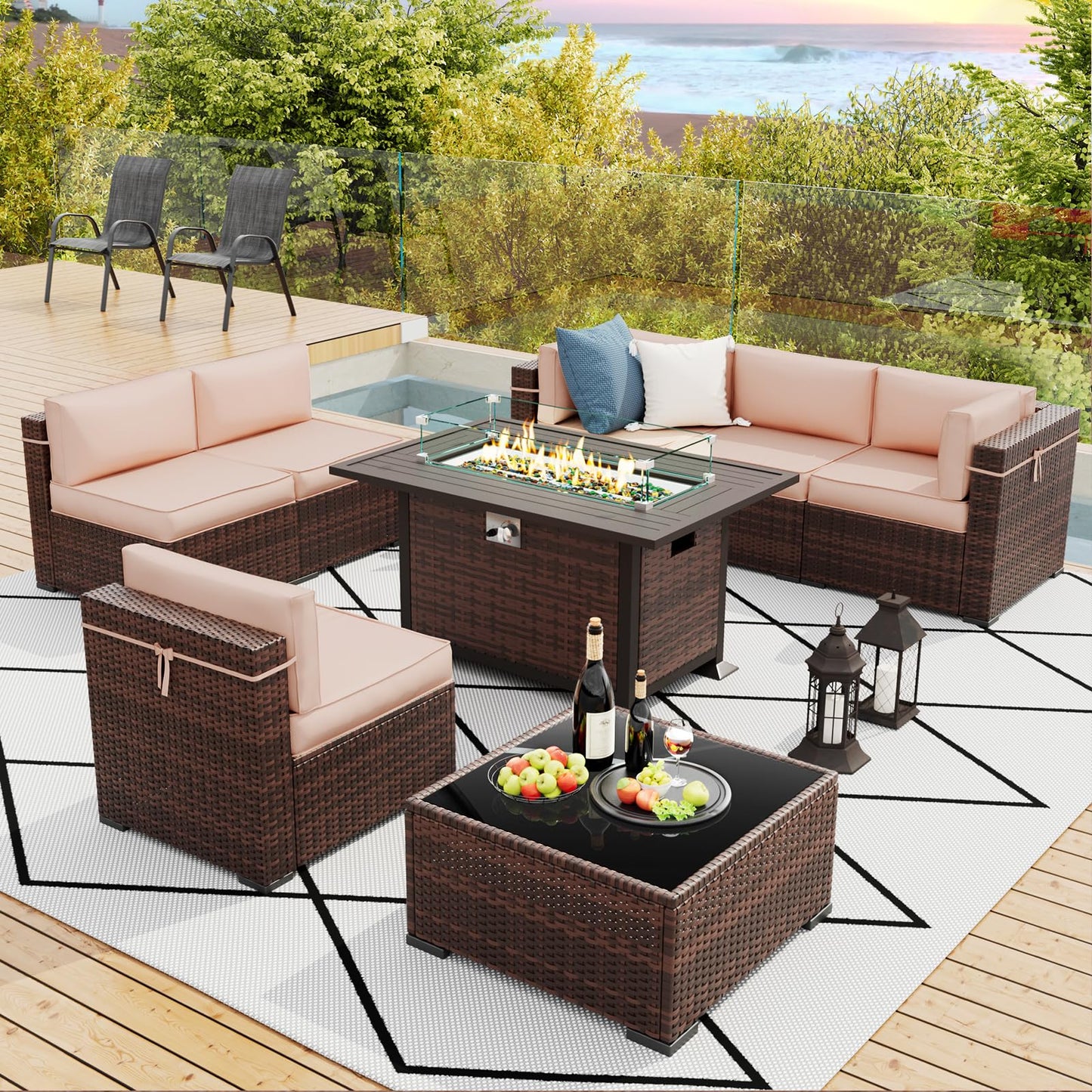 Amopatio 8 Pieces Patio Furniture Set with Fire Pit Table, Outdoor Sectional Conversation Sofa with Waterproof Cover, All-Weather Wicker for Garden, Backyard, Porch, Balcony(Khaki)