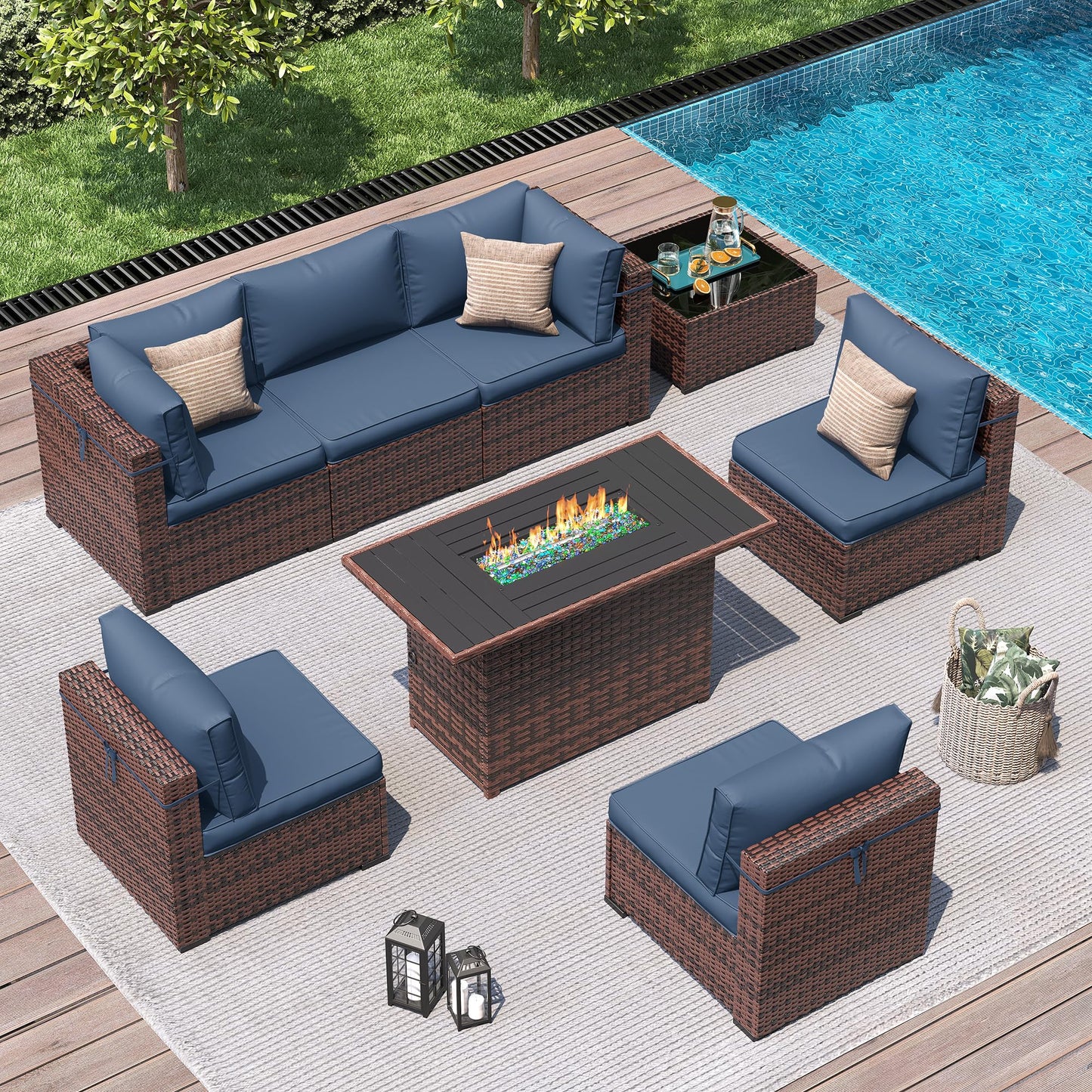 Amopatio 8 Pieces Patio Furniture Set with Fire Pit Table, All-Weather Outdoor Sectional with Waterproof Cover, Wicker Conversation Sofa for Garden, Backyard, Porch, Balcony(Navy Blue)