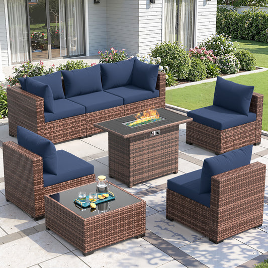 Amopatio 8 Pieces Patio Furniture Set with Fire Pit Table, All-Weather Outdoor Sectional, Wicker Conversation Sofa for Garden, Backyard, Porch, Balcony(Navy Blue)
