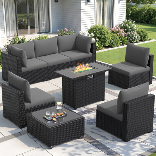Amopatio 8 Pieces Patio Furniture Set with Fire Pit Table, Black/Grey