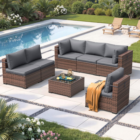 7 Pieces Patio Furniture Sets with Waterproof Cover, Outdoor Rattan Sectional Sofa Set with Glass Table and Cushions,Wicker Patio Set for Outdoor Indoor Backyard Lawn Garden Porch (Grey)