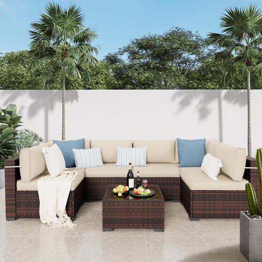 Amopatio Patio Furniture Set 7 Pieces Patio Conversation Set Outdoor Sectional Wicker Rattan Sofa with All-Weather Cover, Patio Furniture with Pillows Fits Porch Garden Backyard Balcony (Cream)