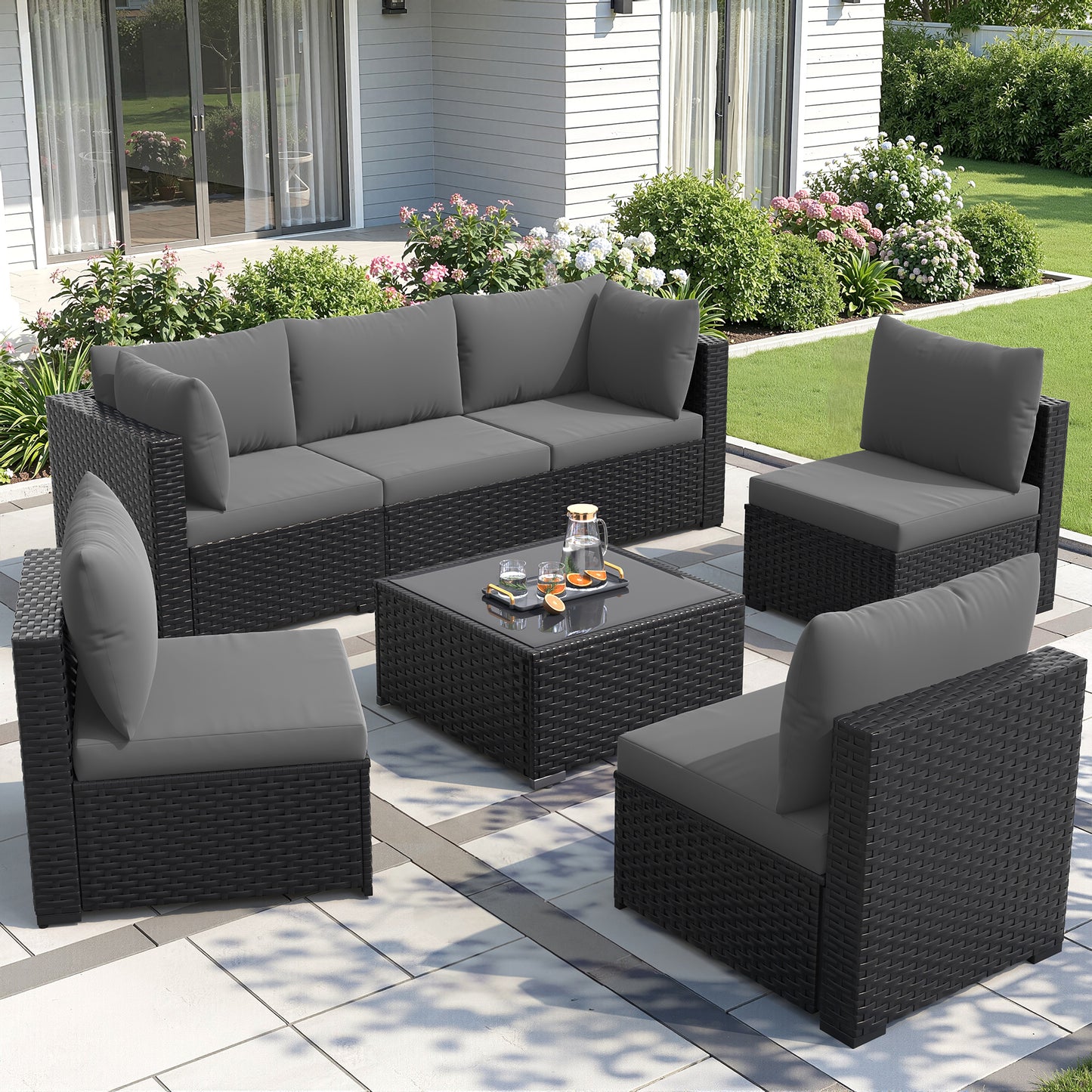 Amopatio 7 Piece Patio Furniture Set, Outdoor Sectional Modular Wicker Outdoor Furniture, Coffee Table Included, for Porch, Garden, Backyard,Grey