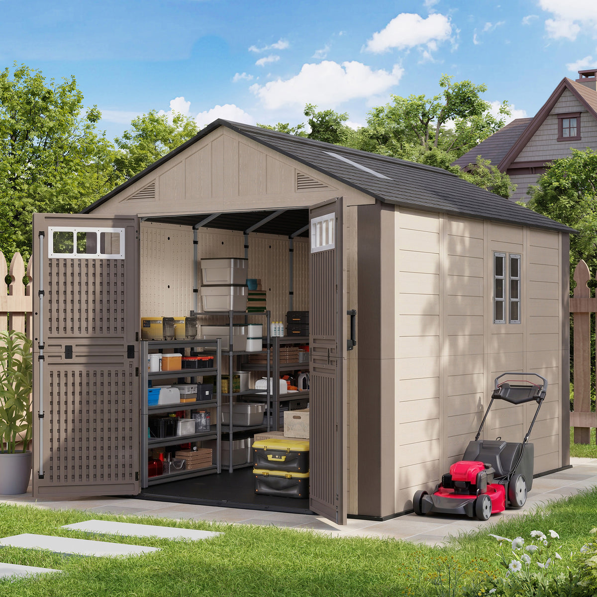Amopatio 8x10 FT Outdoor Storage Shed with Floor, Large HDPE Resin Shed with Lockable Door, Window & Vents, for Bike, Garden Tools, Pool Supplies, khaki