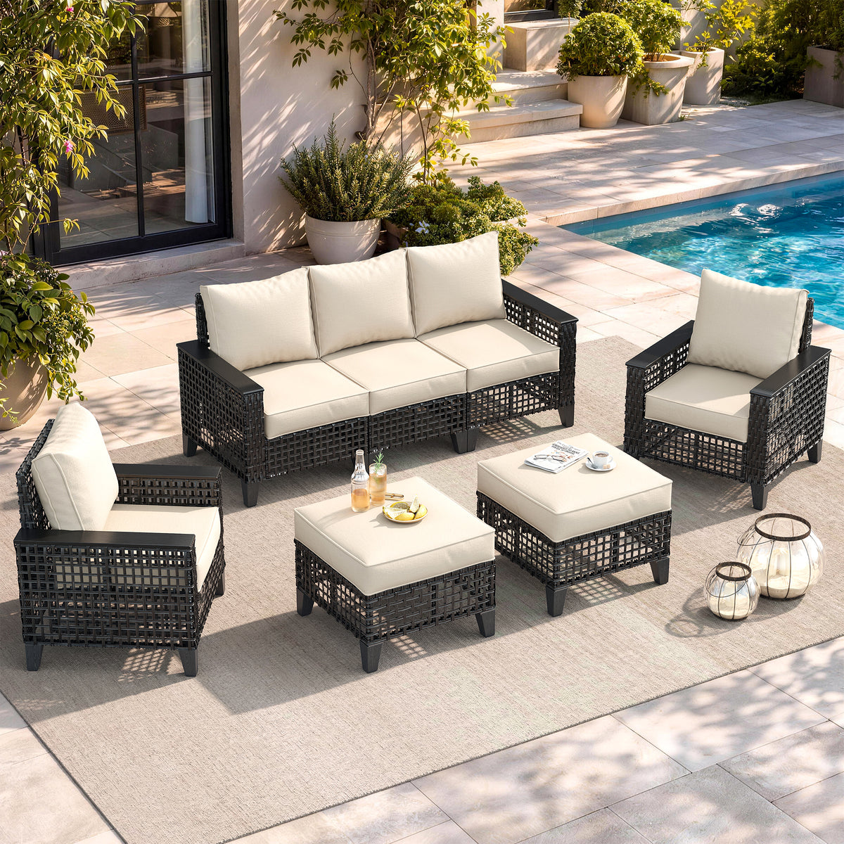Amopatio Outdoor Patio Furniture Set 7-Piece Wicker Conversation Set, Beige