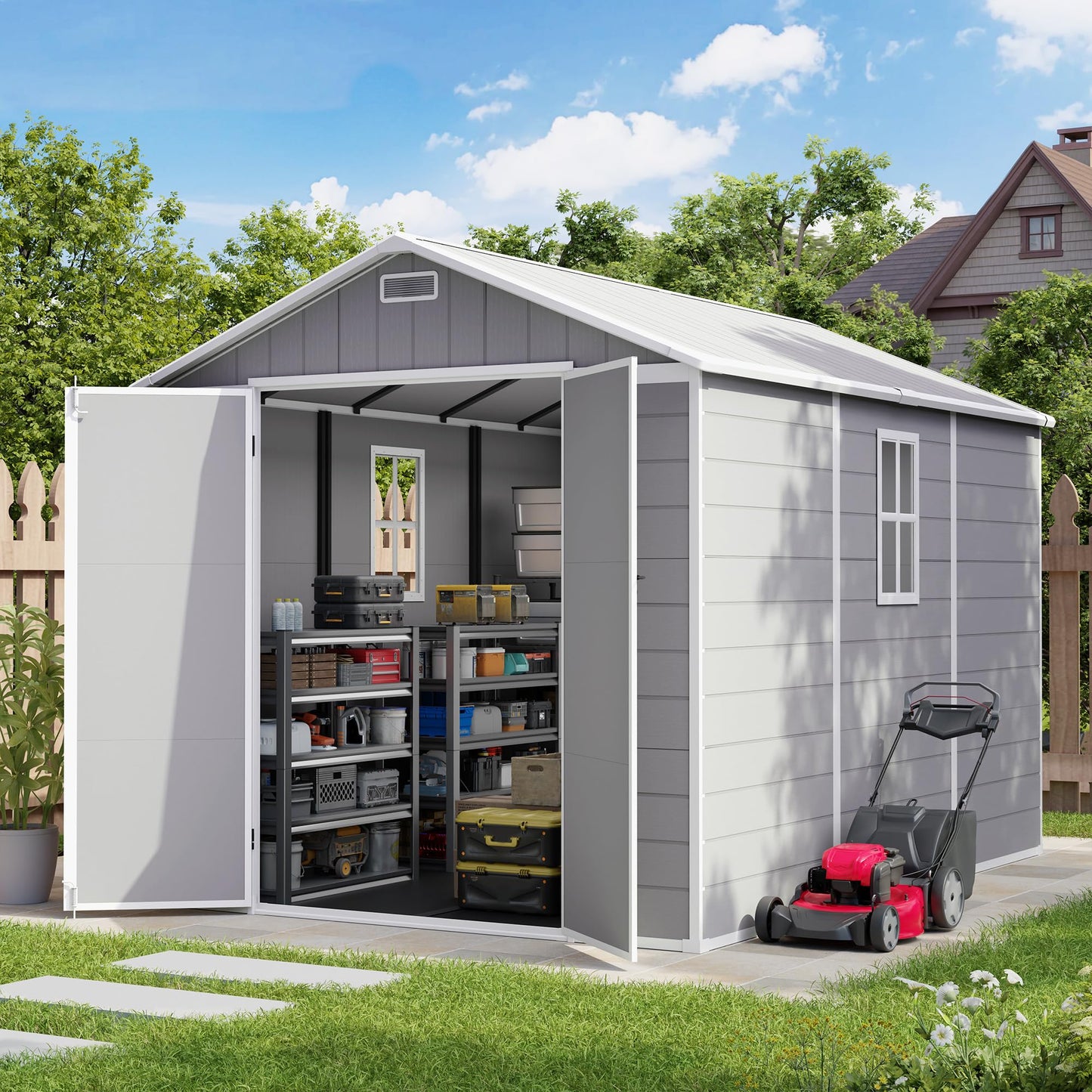 Amopatio 8X10 FT Outdoor Storage Shed,Resin Shed with Floor Included, Plastic Sheds for Bike, Garden Tools, Sheds & Outdoor Storage with Lockable Door, Window & Vents, Grey & White