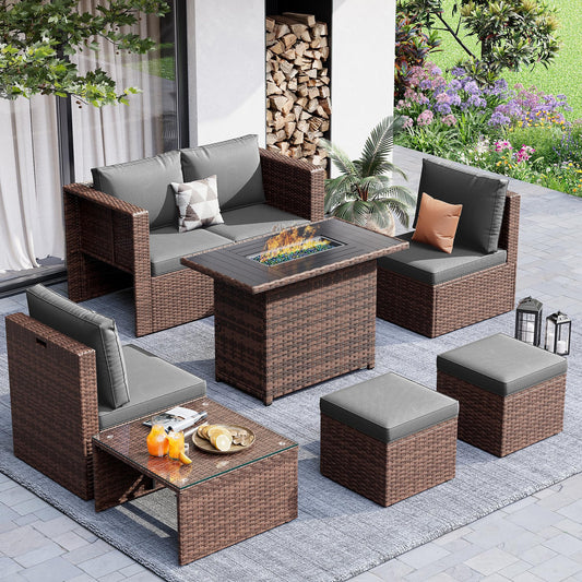 7 Pieces Patio Furniture Set with Fire Pit Table, All-Weather Wicker Outdoor Conversation Sofa Set with Glass Coffee Table, Cushions & Ottomans for Deck Backyard Porch Lawn Brown/Dark Grey