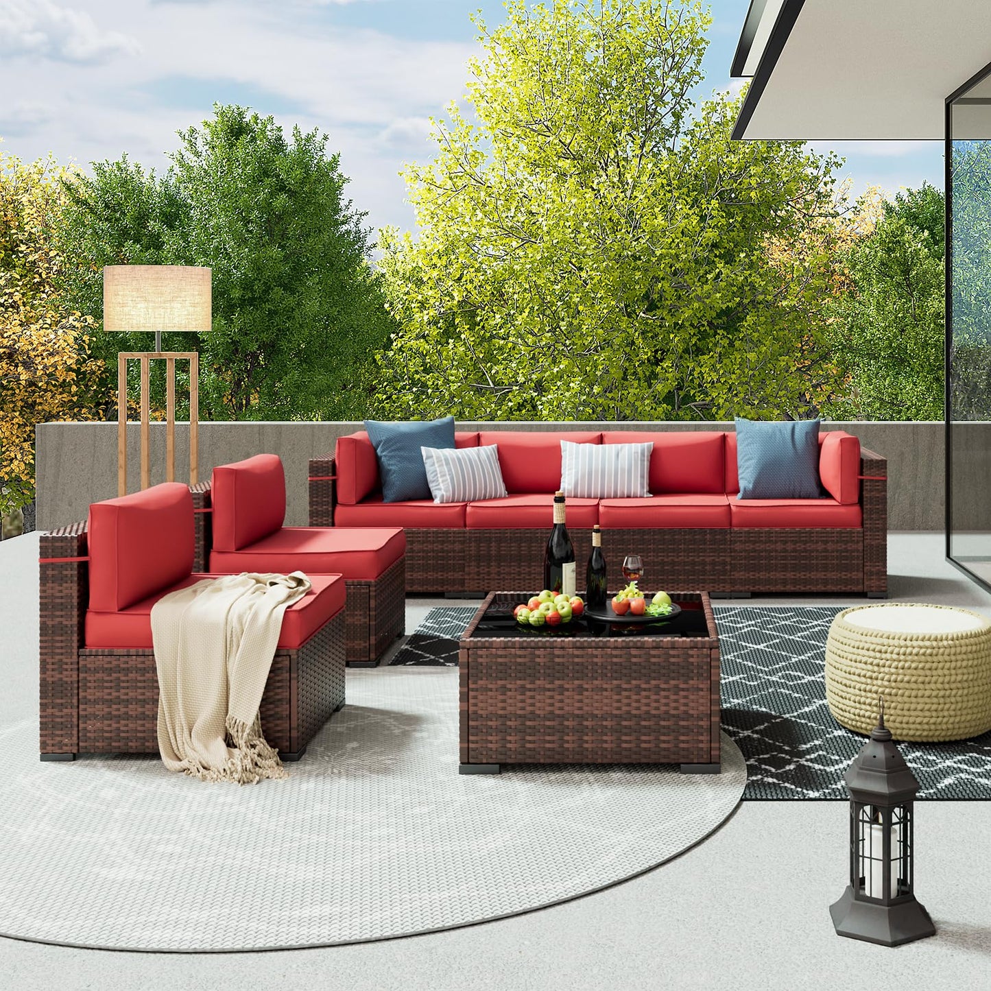 Amopatio Patio Furniture Set Modular Outdoor Sectional 7 Piece Wicker Patio Set, Multiple Combinations Outdoor Sofa w/Coffee Table, Waterproof Cover Included, Burgundy