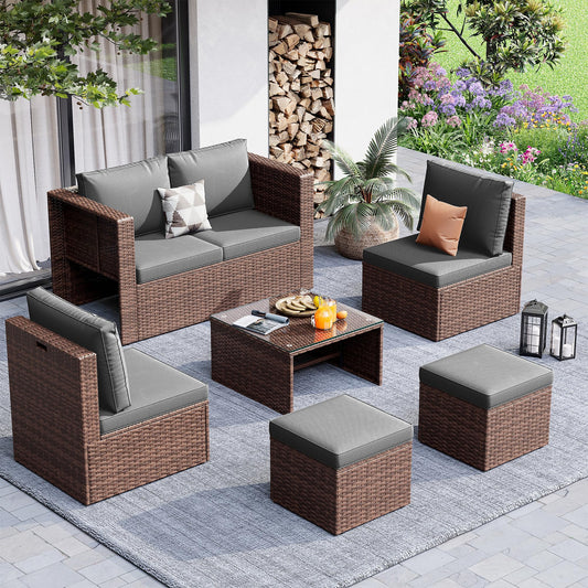 6 Pieces Patio Furniture Set,All-Weather Wicker Outdoor Conversation Sofa Set with Glass Coffee Table, Cushions & Ottomans for Deck Backyard Porch Lawn Brown/Dark Grey