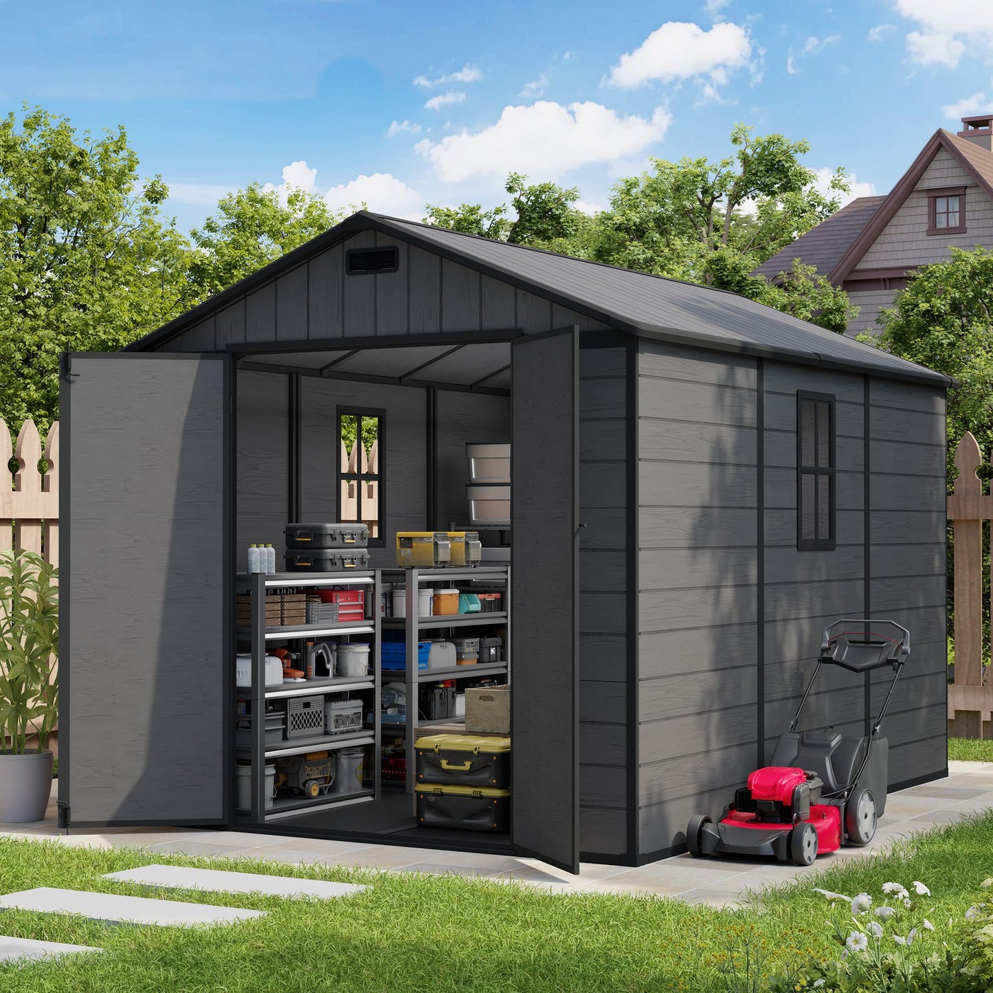 Amopatio 8x10 FT Outdoor Resin Shed, Storage Shed with Floor, Plastic Sheds for Bike, Garden Tools, Sheds & Outdoor Storage with Lockable Door, Window & Vents,Dark Grey