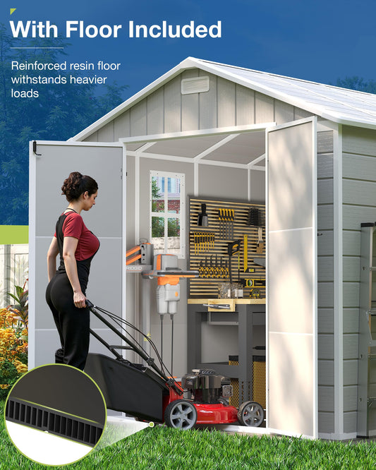 Amopatio 8x6 Storage Shed, Resin Outdoor Shed with Floor Included, Sheds & Outdoor Storage with Lockable Door, Window & Vents, Sandstone