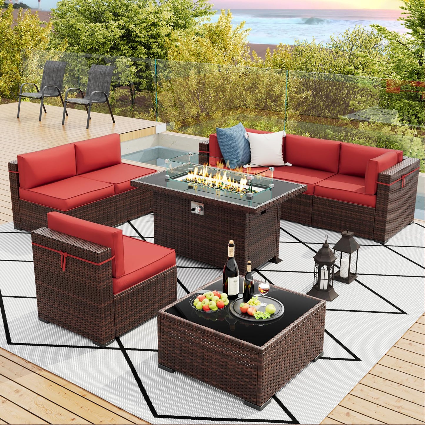 Amopatio 8 Pieces Patio Furniture Set with Fire Pit Table, Outdoor Sectional Conversation Sofa with Waterproof Cover, All-Weather Wicker for Garden, Backyard, Porch, Balcony(Wine Red)