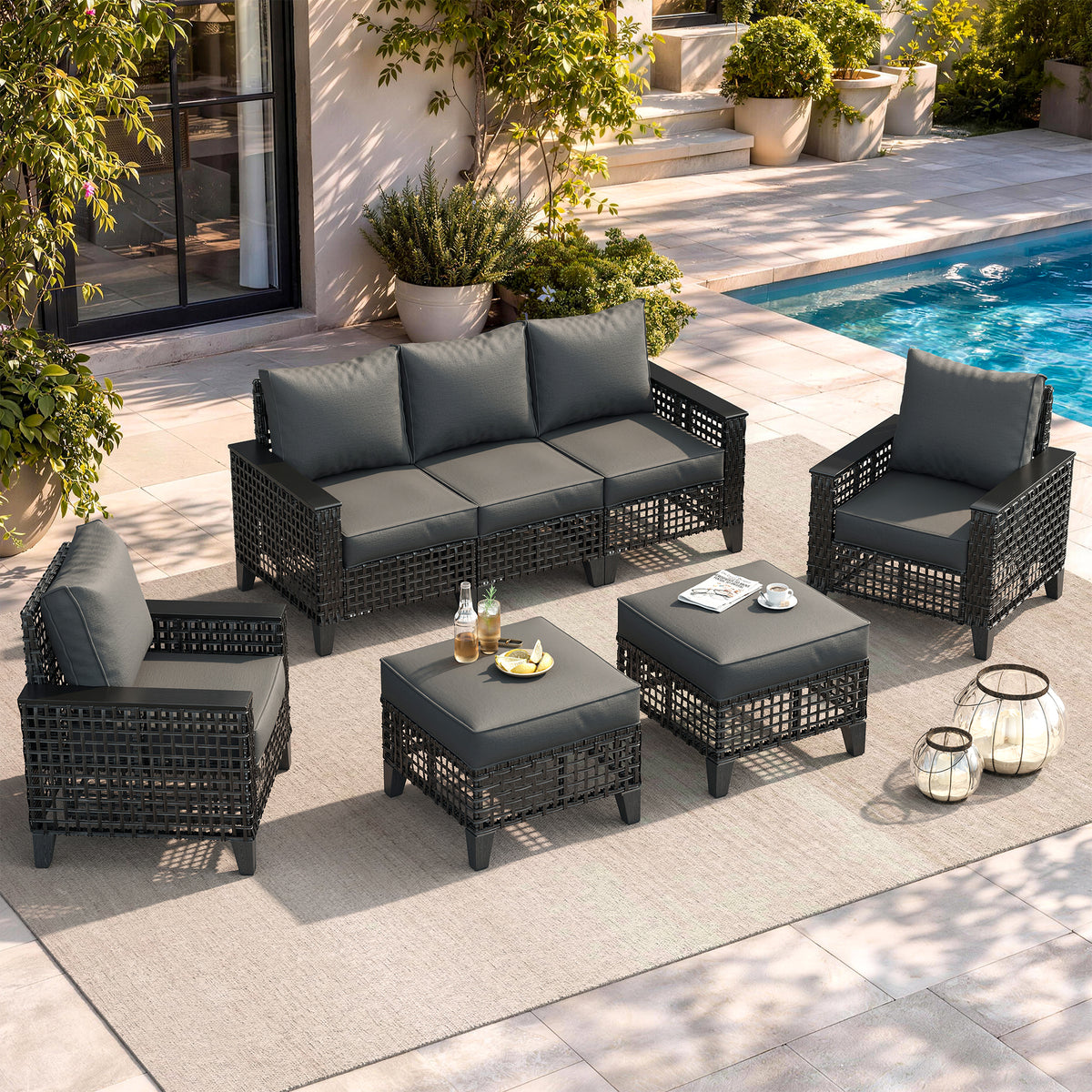 Amopatio Outdoor Patio Furniture Set 7-Piece Wicker Conversation Set, Grey
