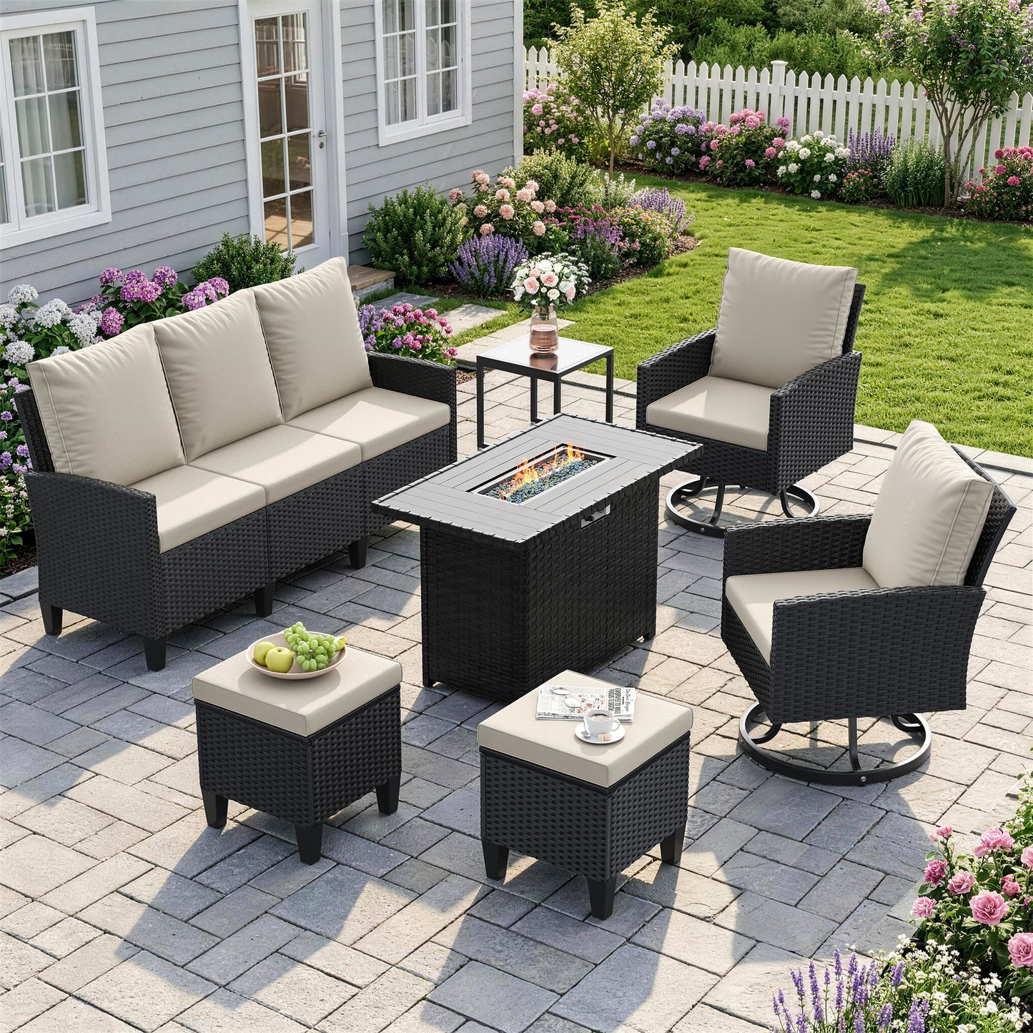 Amopatio Patio Furniture Set with Fire Pit Table,7 Pieces Conversation Sofa with 360° Swivel Chairs, All Weather Wicker Outdoor Furniture Couch for Backyard Garden Pool Deck,Beige