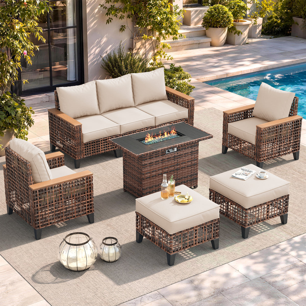 Amopatio Patio Furniture Set with Fire Pit Table, Wicker Conversation Set, Khaki