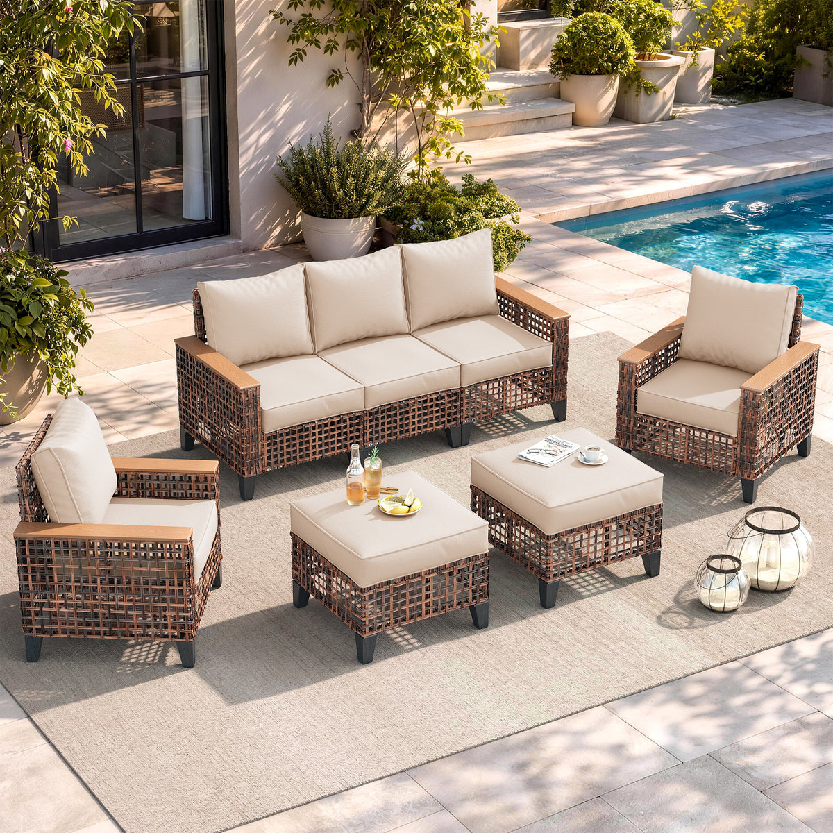 Amopatio Outdoor Patio Furniture Set 7-Piece Wicker Conversation Set, Khaki