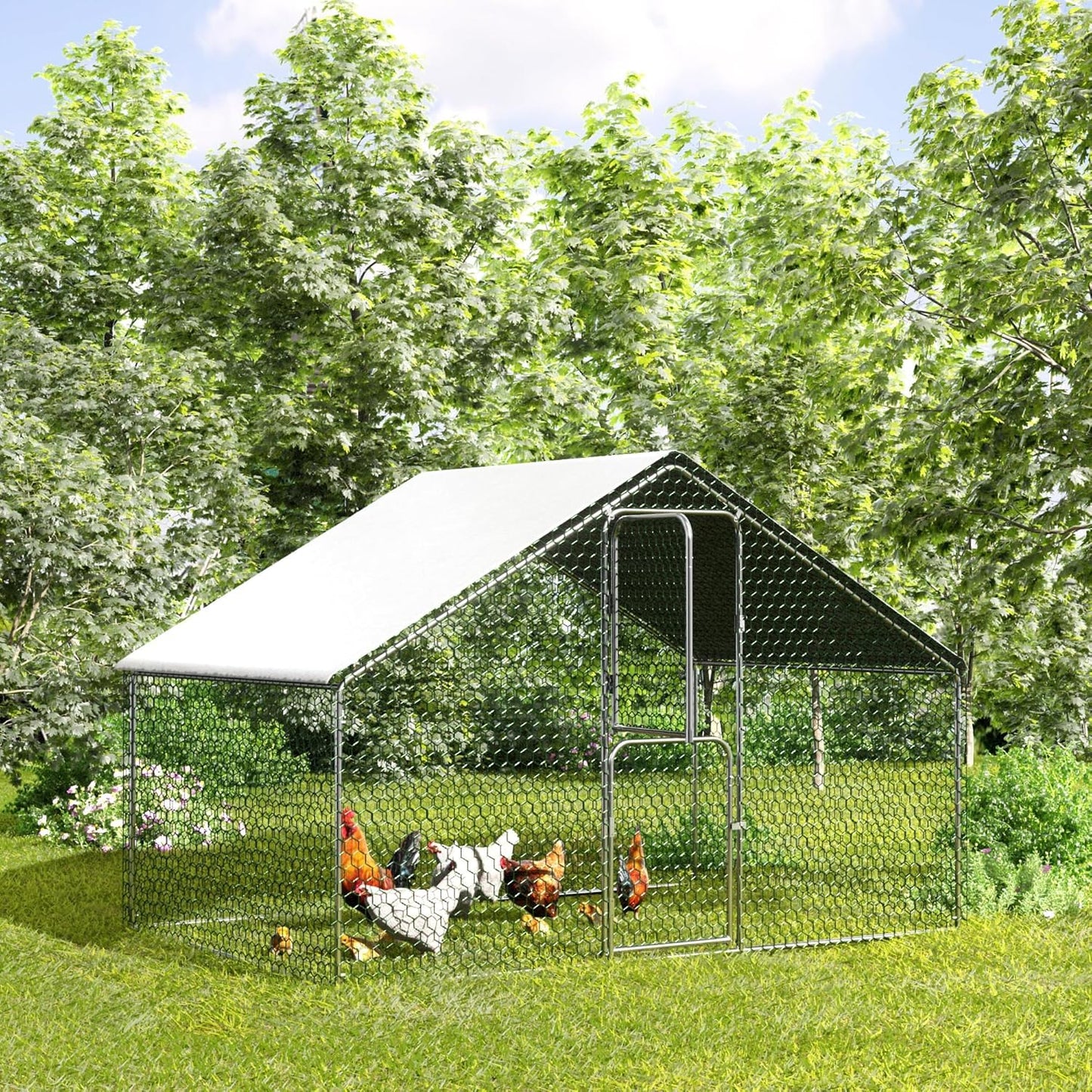 Large Chicken Coop Heavy Duty Walk-in Chicken Run Poultry Cage with Wire Mesh & Weatherproof PE Cover, Chicken Hen for Rabbits Duck(6.5x10x6.5 FT)
