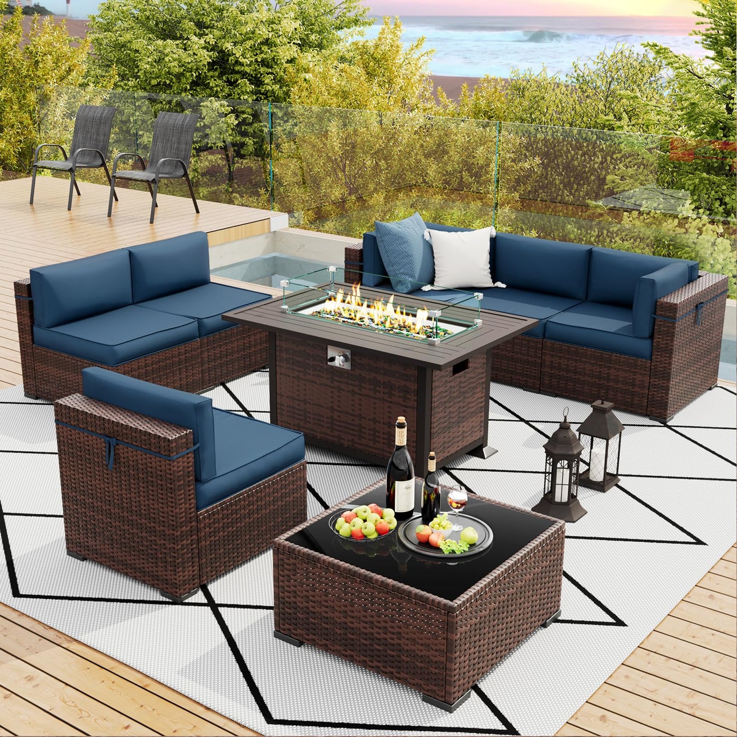 Amopatio 8 Pieces Patio Furniture Set with Fire Pit Table, Outdoor Sectional Conversation Sofa with Waterproof Cover, All-Weather Wicker for Garden, Backyard, Porch, Balcony(Navy Blue)