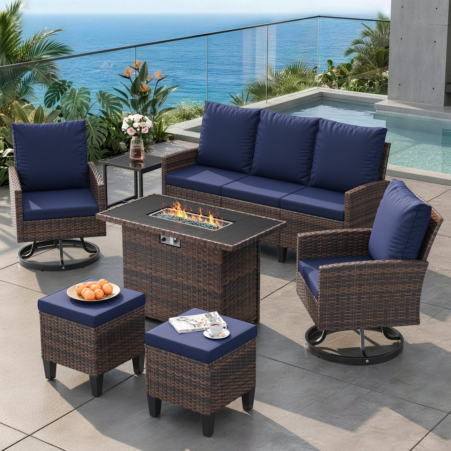 Patio Furniture Set with Fire Pit Table,7 Pieces Conversation Sofa with 360°Swivel Chairs, All Weather Wicker Outdoor Furniture Couch for Backyard Garden Pool Deck,Blue