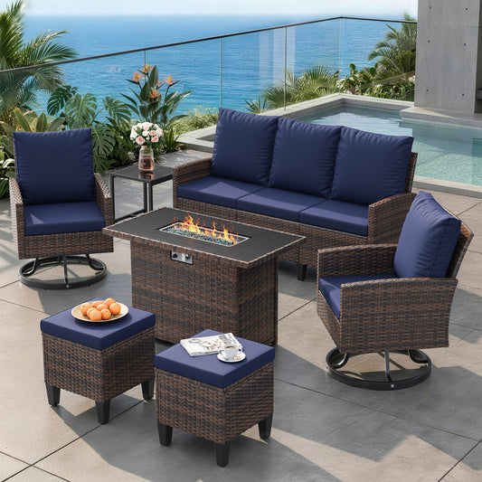 Patio Furniture Set with Fire Pit Table,7 Pieces Conversation Sofa with 360°Swivel Chairs, All Weather Wicker Outdoor Furniture Couch for Backyard Garden Pool Deck,Blue