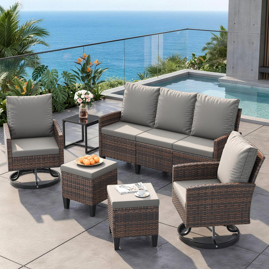 Outdoor Patio Furniture Set, 6 Pieces Conversation Sofa with 360°Swivel Chairs, Wicker Outdoor Furniture Couch for Backyard Garden Pool Deck,Grey