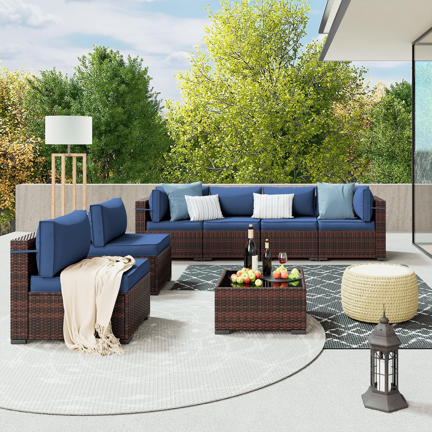 Amopatio Patio Furniture Set Modular Outdoor Sectional 7 Piece Wicker Patio Set, Multiple Combinations Outdoor Sofa w/Coffee Table, Waterproof Cover Included, Navy Blue