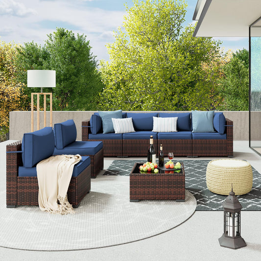Amopatio Patio Furniture Set Modular Outdoor Sectional 7 Piece Wicker Patio Set, Multiple Combinations Outdoor Sofa w/Coffee Table, Waterproof Cover Included, Navy Blue