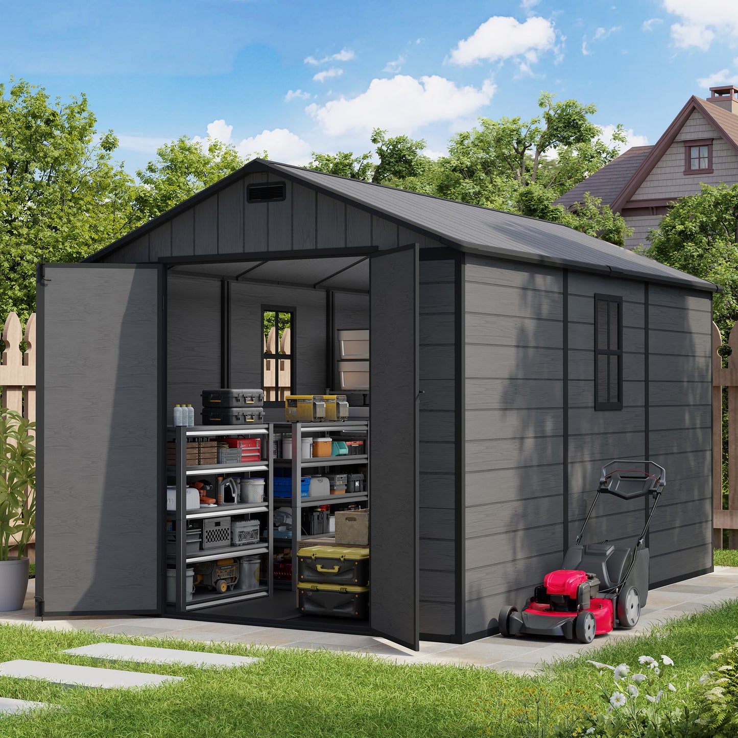 Amopatio 8X12 FT Resin Storage Shed with Floor Included, Plastic Outdoor Shed with Lockable Door, Window & Vents, for Lawnmower, Garden Tools, Pool Supplies, Dark Grey