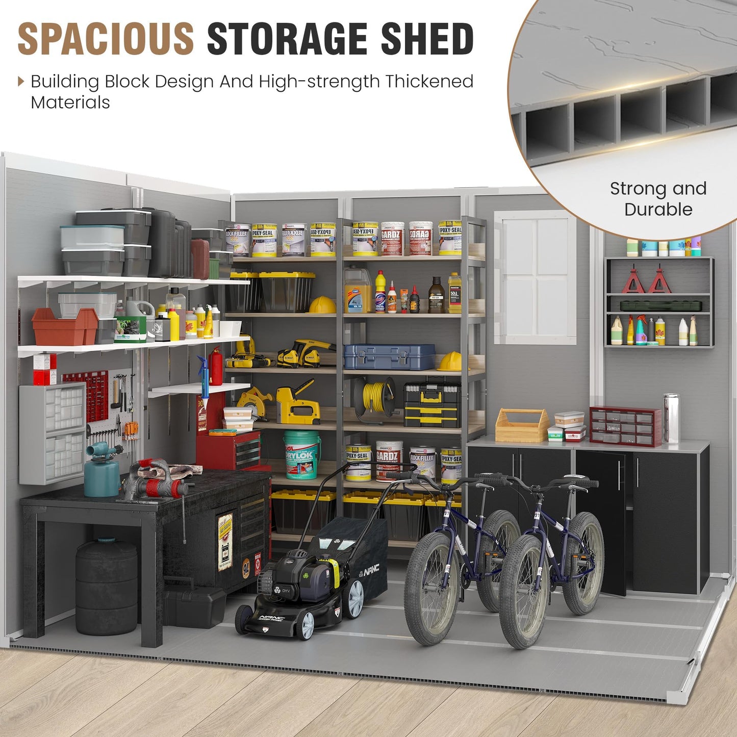Amopatio 8x8 FT Storage Shed, Resin Outdoor Shed with Floor Included, Plastic Sheds Outdoor Storage for Bike, Garden Tools,Grey & White