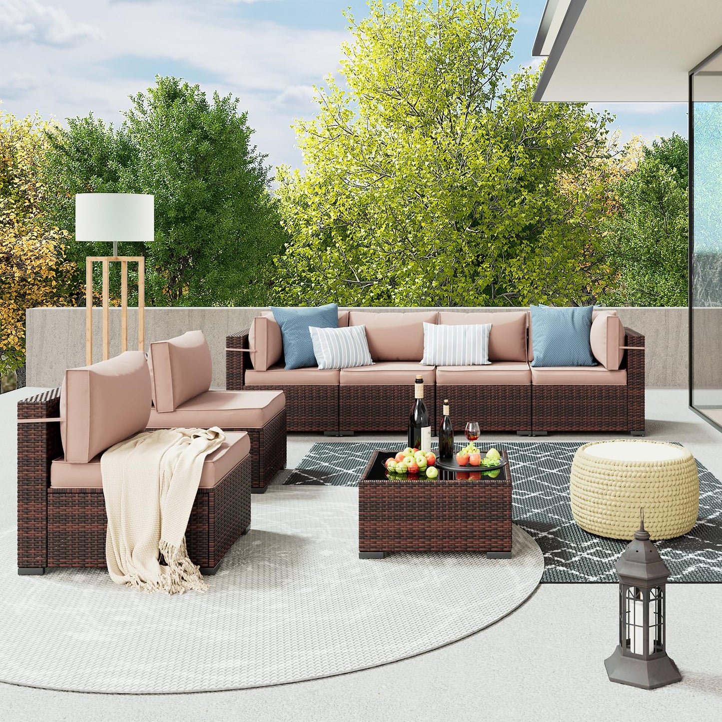 Amopatio Outdoor Patio Furniture Set 7 Pieces Patio Conversation Set Sectional Couch Sofa with All-Weather Cover, Glass Table & Thicken Cushion Fits Garden Yard Porch