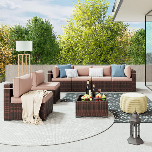 Amopatio Outdoor Patio Furniture Set 7 Pieces Patio Conversation Set Sectional Couch Sofa with All-Weather Cover, Glass Table & Thicken Cushion Fits Garden Yard Porch