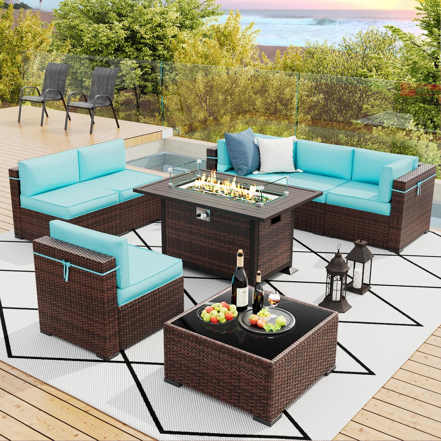 Amopatio 8 Pieces Patio Furniture Set with Fire Pit Table, Outdoor Sectional Conversation Sofa with Waterproof Cover, All-Weather Wicker for Garden, Backyard, Porch, Balcony(Sky Blue)