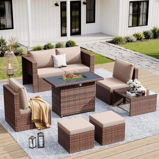 7 Pieces Patio Furniture Set with Fire Pit Table, All-Weather Wicker Outdoor Conversation Sofa Set with Glass Coffee Table, Cushions & Ottomans for Deck Backyard Porch Lawn Khaki