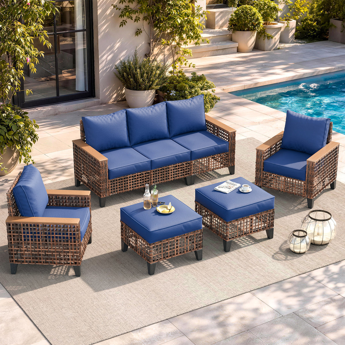 Amopatio Outdoor Patio Furniture Set 7-Piece Wicker Conversation Set, Blue