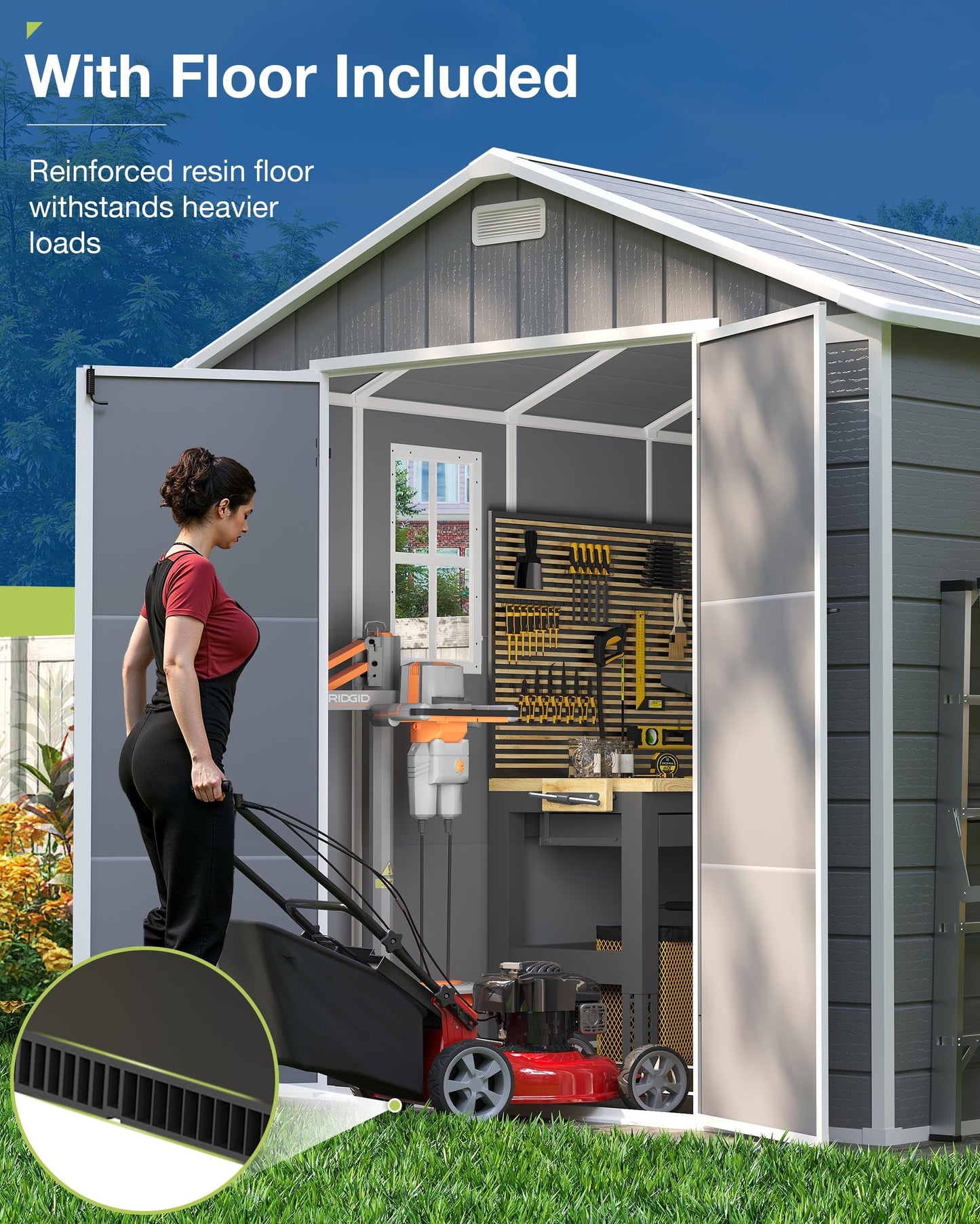 Amopatio 8x10 FT Storage Shed, Outdoor Resin Shed with Floor Included, Plastic Sheds for Bike, Garden Tools, Sheds & Outdoor Storage with Lockable Door, Window & Vents, Light Grey