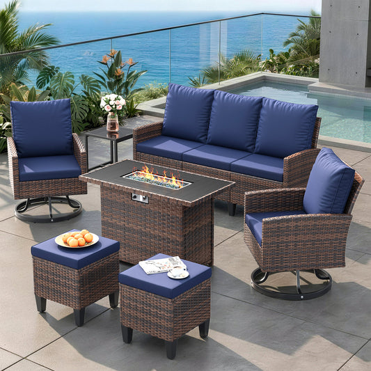 Patio Furniture Set with Fire Pit Table,7 Pieces Conversation Set with 360°Swivel Chairs, All Weather Wicker Outdoor Furniture for Backyard Garden Pool Deck,Blue