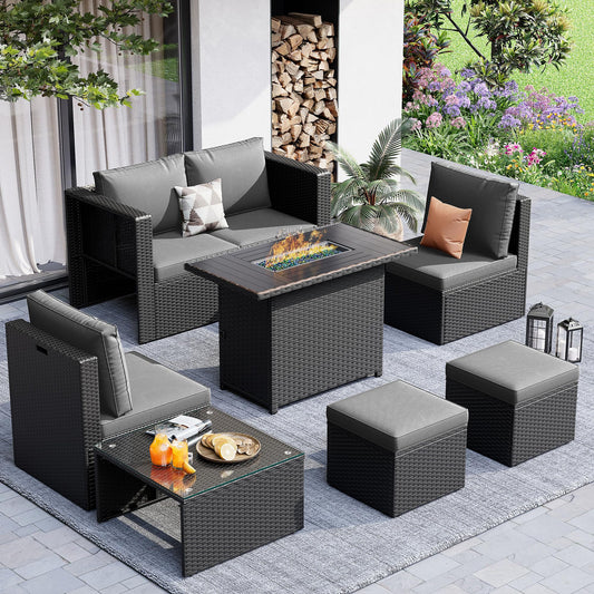 Amopatio 7 Pieces Patio Furniture Set with Fire Pit Table, All-Weather Wicker Outdoor Conversation Sofa Set with Glass Coffee Table, Cushions & Ottomans for Deck Backyard Porch Lawn Black/Dark Grey
