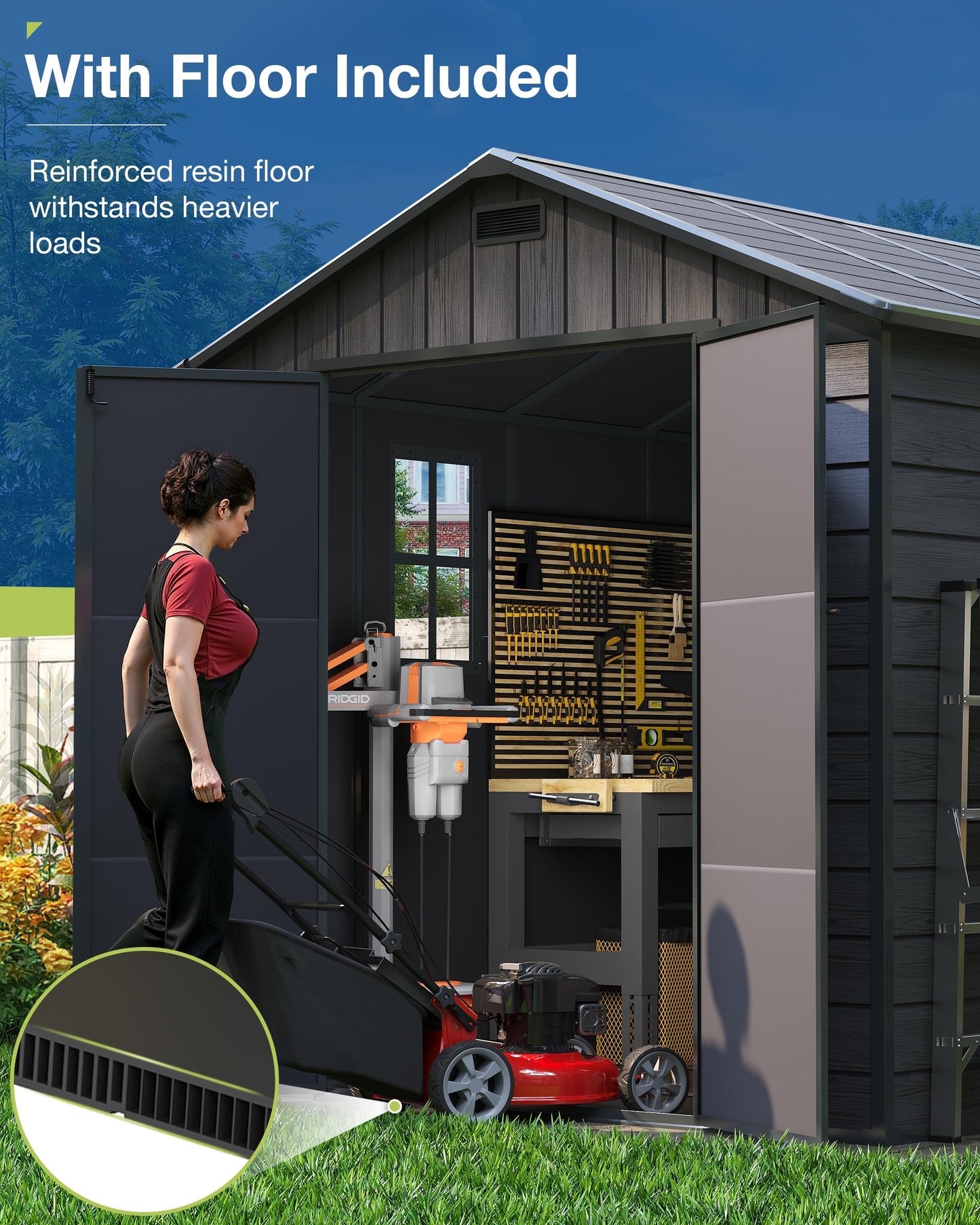 Amopatio 8x10 FT Resin Shed, Outdoor Storage Shed with Floor and Lockable Door, Window & Vents, Tool Sheds and Outdoor Storage for Tools,Bike, Garden Accessories, Waterproof,Dark Grey