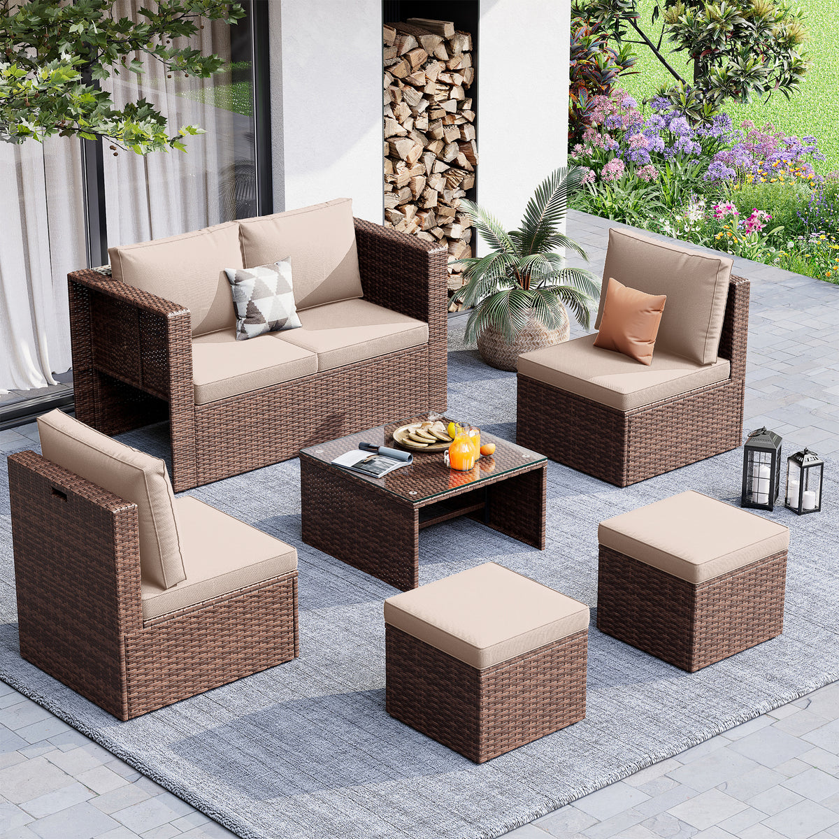 Amopatio Patio Furniture Set, Outdoor Sectional, Khaki
