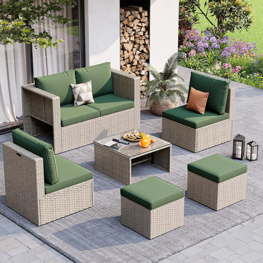 6 Pieces Patio Furniture Set, All-Weather Wicker Outdoor Conversation Sofa Set with Glass Coffee Table, Cushions & Ottomans for Deck Backyard Porch Lawn Green