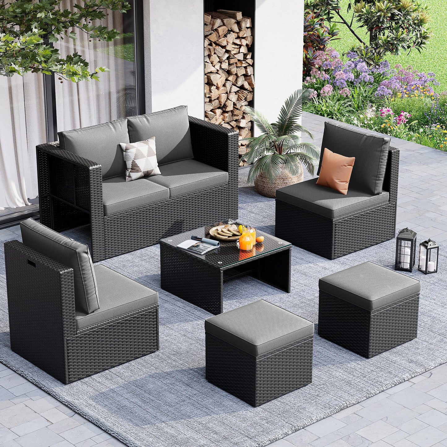 6 Pieces Patio Furniture Set,All-Weather Wicker Outdoor Conversation Sofa Set with Glass Coffee Table, Cushions & Ottomans for Deck Backyard Porch Lawn Black/Dark Grey