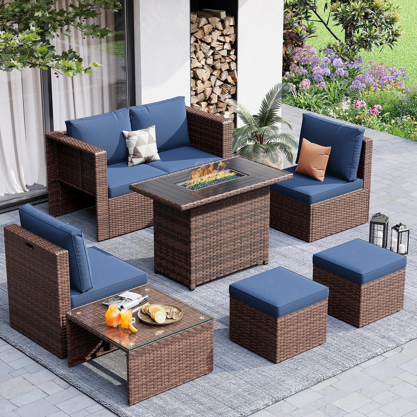 7 Pieces Patio Furniture Set with Fire Pit Table, All-Weather Wicker Outdoor Conversation Sofa Set with Glass Coffee Table, Cushions & Ottomans for Deck Backyard Porch Lawn Blue
