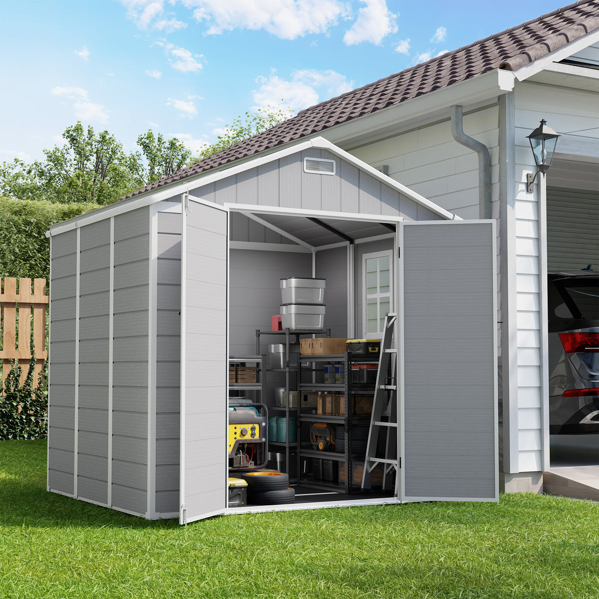 Amopatio 8x6 FT Resin Shed with Floor Included, Outdoor Storage Shed, Plastic Sheds for Bike, Garden Tools, Sheds & Outdoor Storage with Lockable Door, Window & Vents, Grey & White