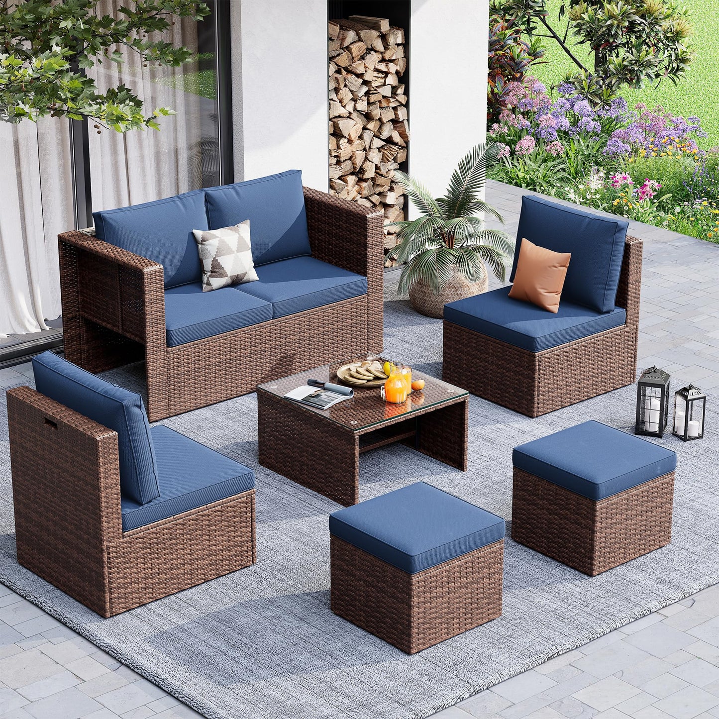 6 Pieces Patio Furniture Set, Space-Saving Nestable All-Weather Wicker Outdoor Conversation Sofa Set with Glass Coffee Table, Cushions & Ottomans for Deck Backyard Porch Lawn Blue