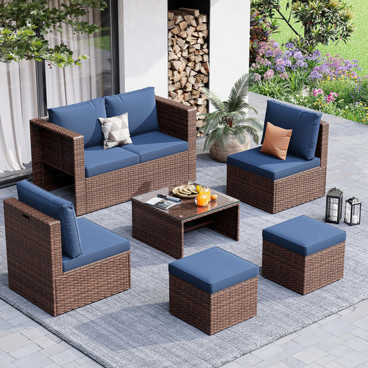 6 Pieces Patio Furniture Set, Space-Saving Nestable All-Weather Wicker Outdoor Conversation Sofa Set with Glass Coffee Table, Cushions & Ottomans for Deck Backyard Porch Lawn Blue