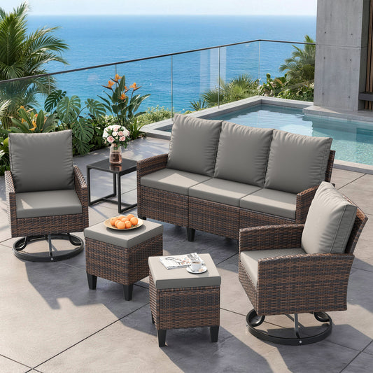 Outdoor Patio Furniture Set, 6 Pieces Conversation Sofa with 360°Swivel Chairs, All Weather Wicker Outdoor Furniture Couch for Backyard Garden Pool Deck,Grey