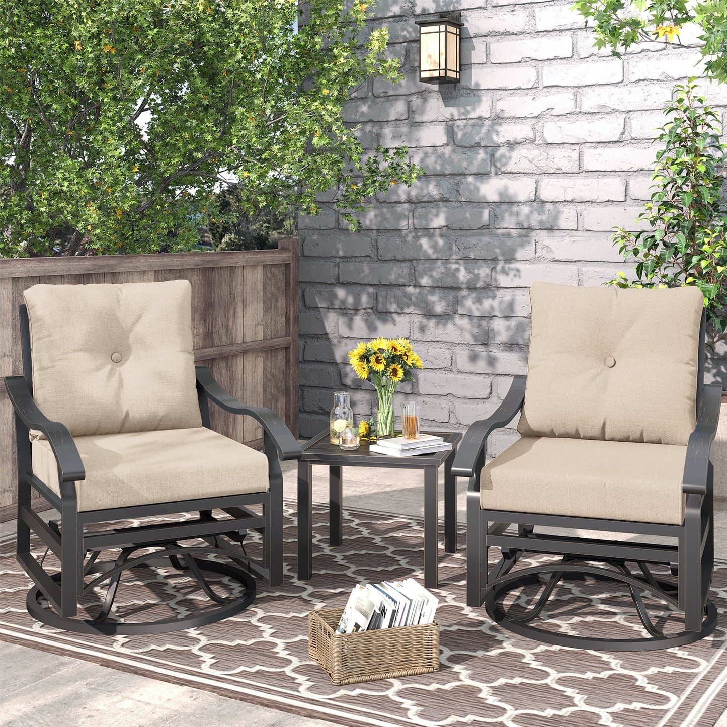 ELPOSUN 3-Piece Outdoor Patio Set with 2 Metal Swivel Rocking Chairs & Coffee Table - Beige Cushions, Durable Garden Furniture for Porch, Backyard, or Deck